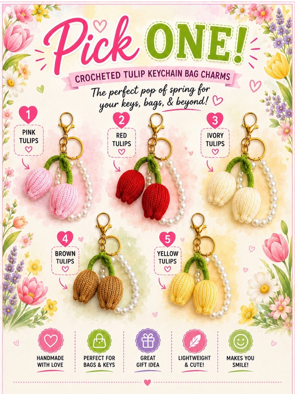 Crocheted Tulip Keychain Bag Charm - Pick One 🌷 🧶